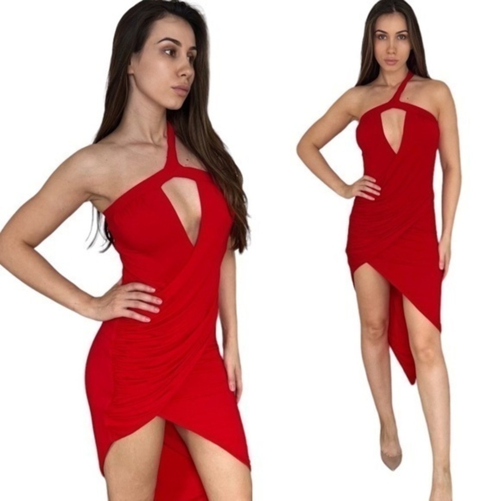 H:ours Wrap One Shoulder Red Midi Dress